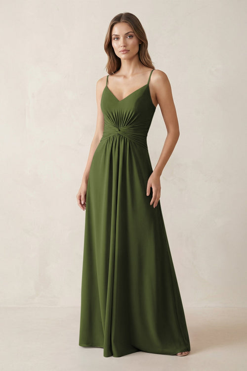 Spaghetti Strap Ruched Chiffon A - Line Bridesmaid Dress in Olive - SHE IS ME Bridesmaid Dresses