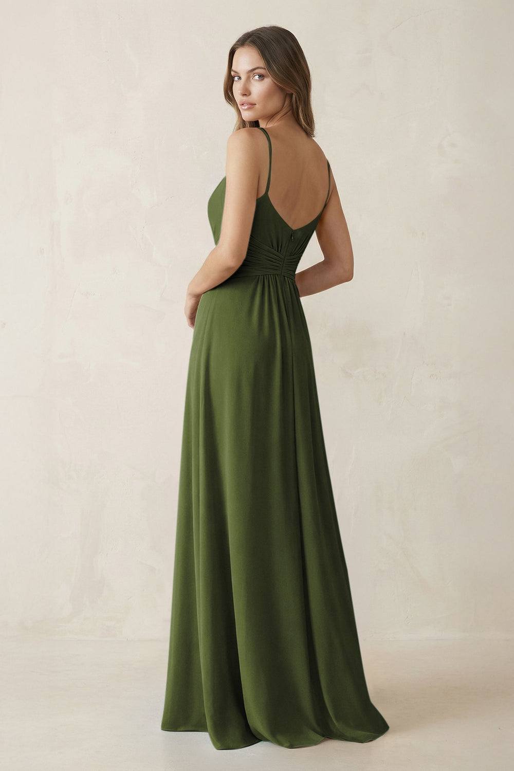 Spaghetti Strap Ruched Chiffon A - Line Bridesmaid Dress in Olive - KISS BRIDAL Bridesmaid Dresses