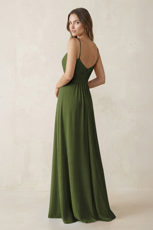 Spaghetti Strap Ruched Chiffon A - Line Bridesmaid Dress in Olive - SHE IS ME Bridesmaid Dresses