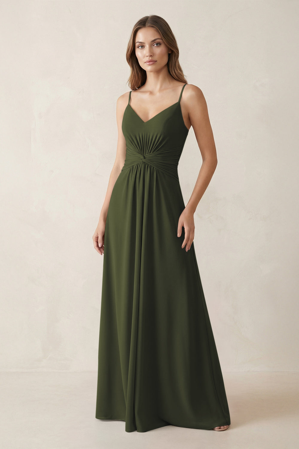 Spaghetti Strap Ruched Chiffon A-Line Bridesmaid Dress in Olive
