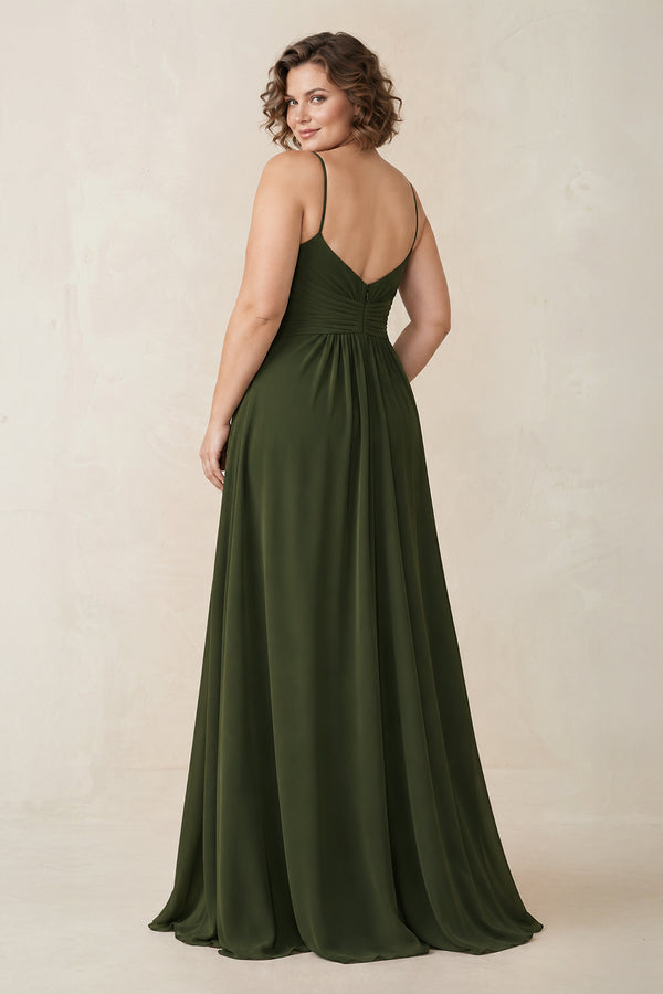Spaghetti Strap Ruched Chiffon A-Line Bridesmaid Dress in Olive [sizeplus] | KISSBRIDAL