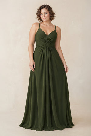 Spaghetti Strap Ruched Chiffon A-Line Bridesmaid Dress in Olive [sizeplus] | KISSBRIDAL