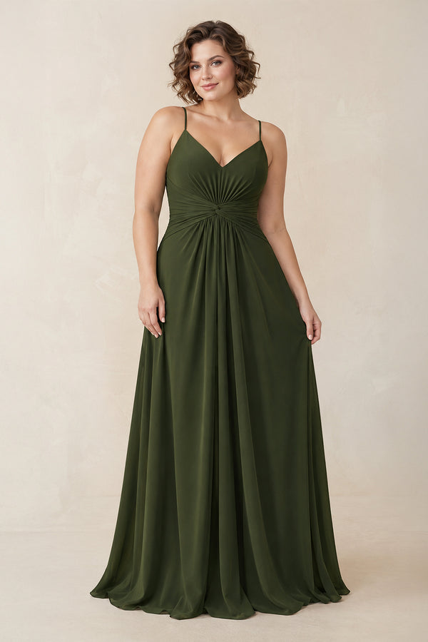 Spaghetti Strap Ruched Chiffon A-Line Bridesmaid Dress in Olive [sizeplus] | KISSBRIDAL
