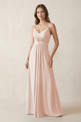 Spaghetti Strap Ruched Chiffon A - Line Bridesmaid Dress in Pale Blush - KISS BRIDAL Bridesmaid Dresses