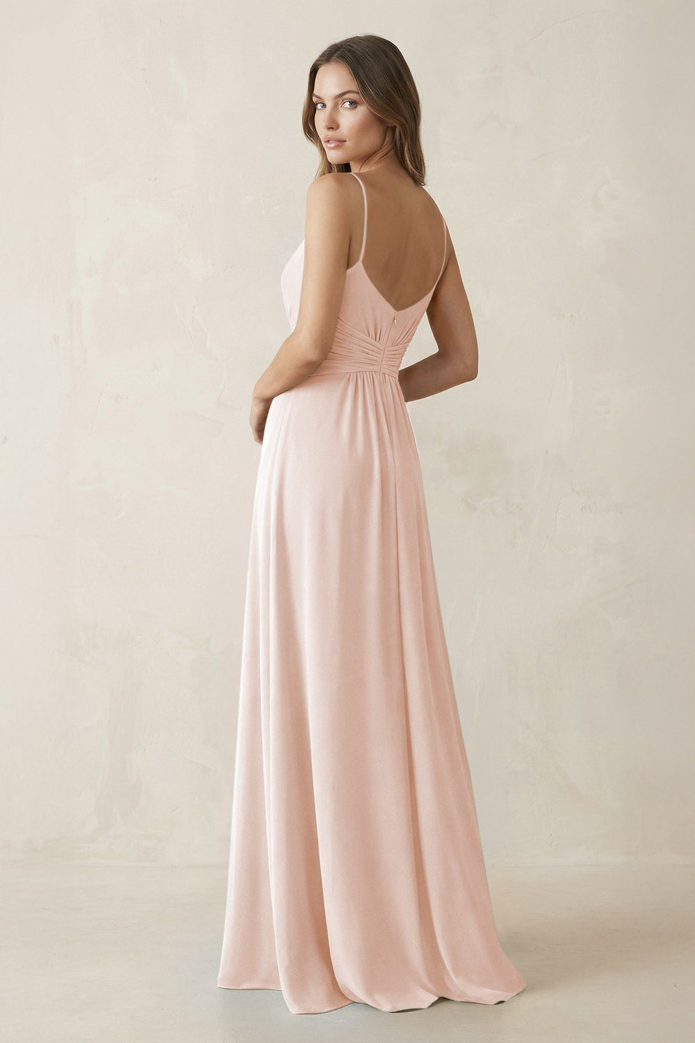 Spaghetti Strap Ruched Chiffon A - Line Bridesmaid Dress in Pale Blush - KISS BRIDAL Bridesmaid Dresses