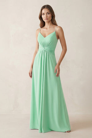 Spaghetti Strap Ruched Chiffon A - Line Bridesmaid Dress in Pale Pistachio - KISS BRIDAL Bridesmaid Dresses