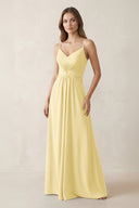 Spaghetti Strap Ruched Chiffon A - Line Bridesmaid Dress in Pastel Yellow - SHE IS ME Bridesmaid Dresses