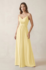 Spaghetti Strap Ruched Chiffon A - Line Bridesmaid Dress in Pastel Yellow - KISS BRIDAL Bridesmaid Dresses