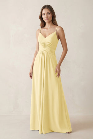 Spaghetti Strap Ruched Chiffon A - Line Bridesmaid Dress in Pastel Yellow - SHE IS ME Bridesmaid Dresses