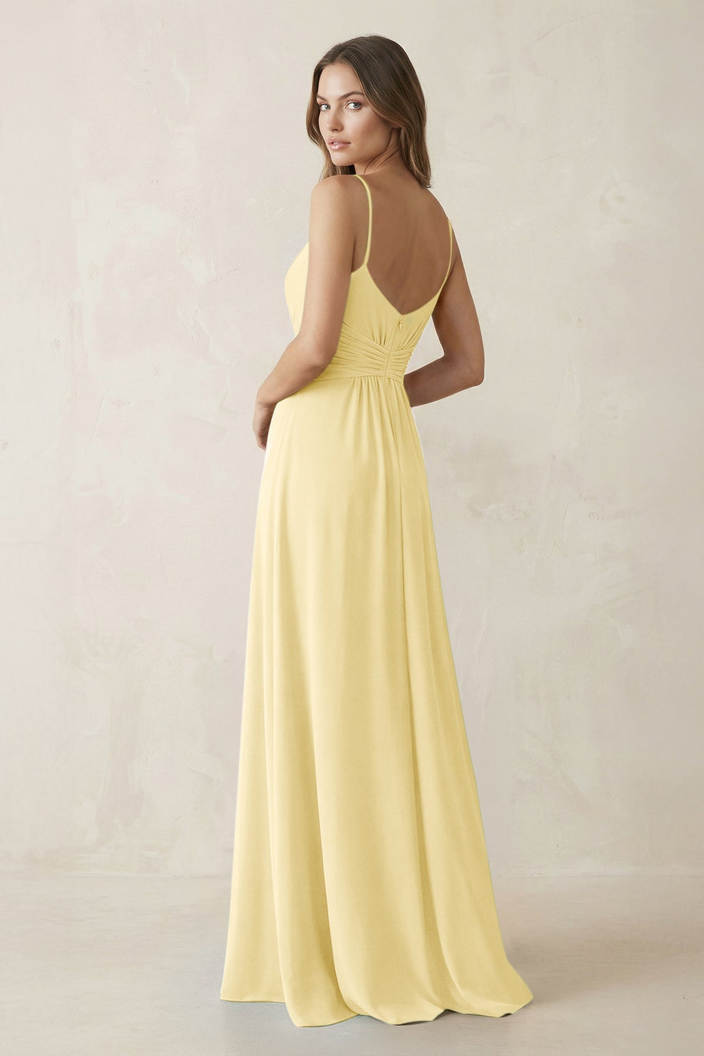 Spaghetti Strap Ruched Chiffon A - Line Bridesmaid Dress in Pastel Yellow - KISS BRIDAL Bridesmaid Dresses