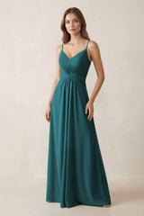 Spaghetti Strap Ruched Chiffon A - Line Bridesmaid Dress in Pine - KISS BRIDAL Bridesmaid Dresses