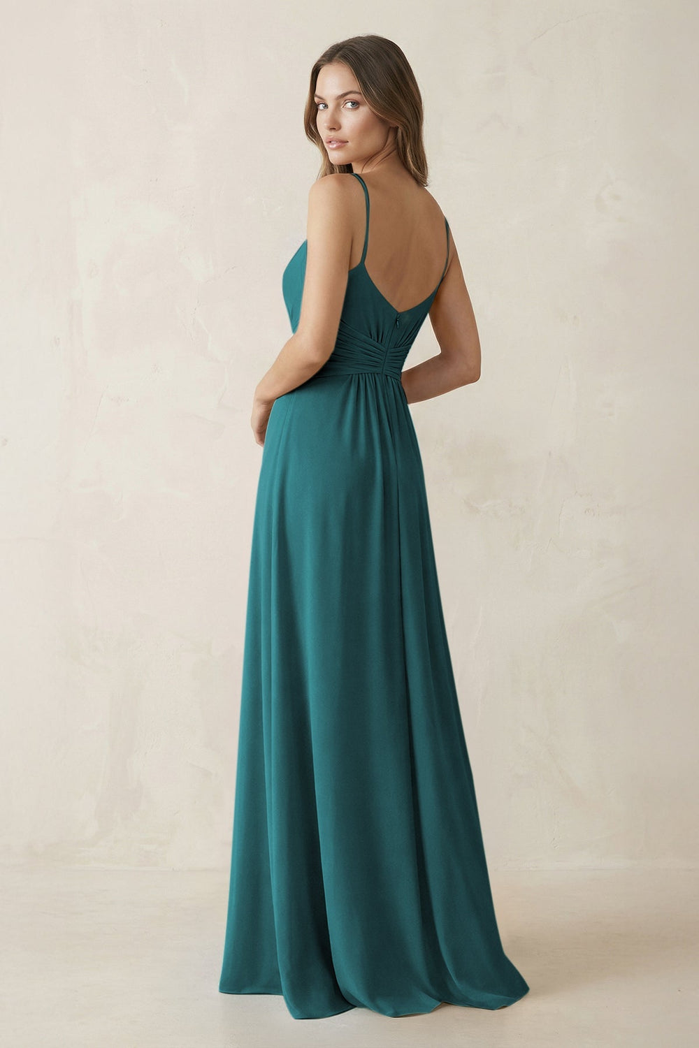 Spaghetti Strap Ruched Chiffon A - Line Bridesmaid Dress in Pine - KISS BRIDAL Bridesmaid Dresses
