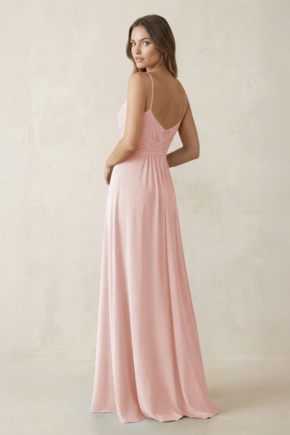 Spaghetti Strap Ruched Chiffon A-Line Bridesmaid Dress in Rose Petal
