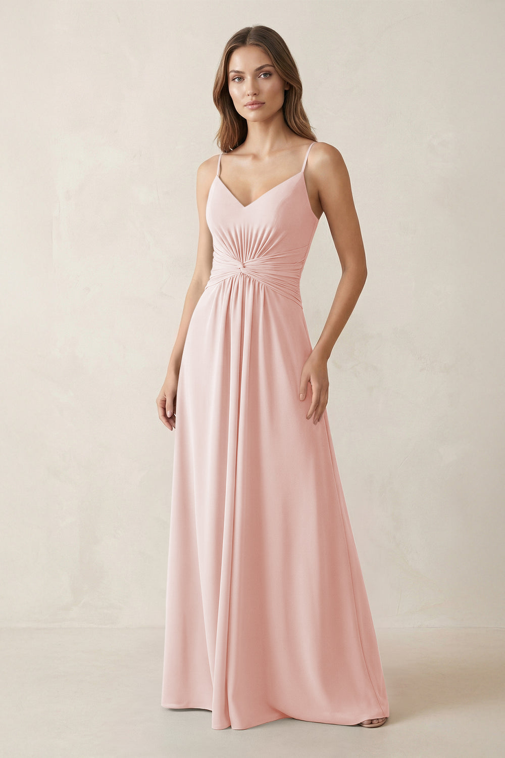 Spaghetti Strap Ruched Chiffon A-Line Bridesmaid Dress in Rose Petal