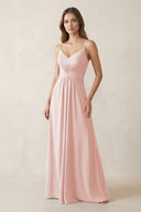 Spaghetti Strap Ruched Chiffon A-Line Bridesmaid Dress in Rose Petal | KISSBRIDAL