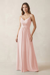 Spaghetti Strap Ruched Chiffon A-Line Bridesmaid Dress in Rose Petal | KISSBRIDAL