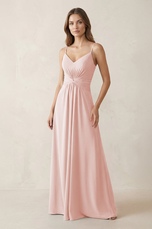 Spaghetti Strap Ruched Chiffon A-Line Bridesmaid Dress in Rose Petal | KISSBRIDAL
