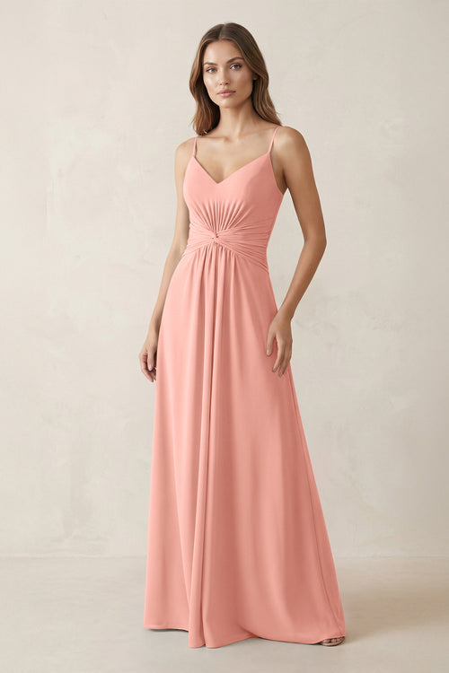 Spaghetti Strap Ruched Chiffon A-Line Bridesmaid Dress in Rosette | KISSBRIDAL
