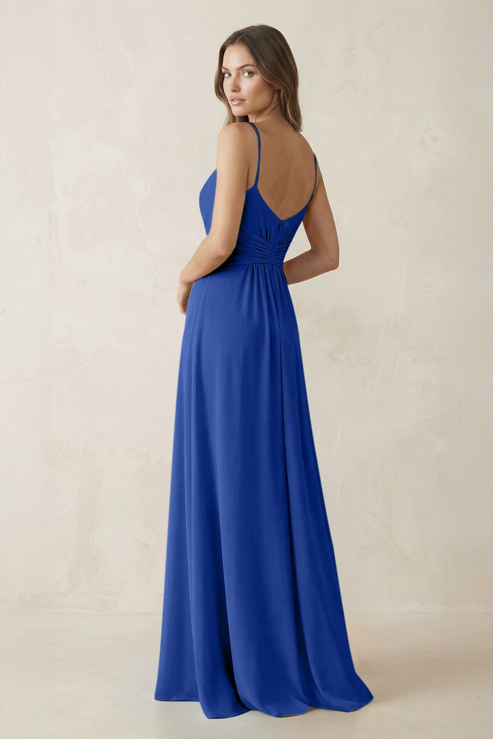 Spaghetti Strap Ruched Chiffon A - Line Bridesmaid Dress in Royal Blue - KISS BRIDAL Bridesmaid Dresses