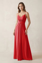 Spaghetti Strap Ruched Chiffon A - Line Bridesmaid Dress in Ruby Red - KISS BRIDAL Bridesmaid Dresses