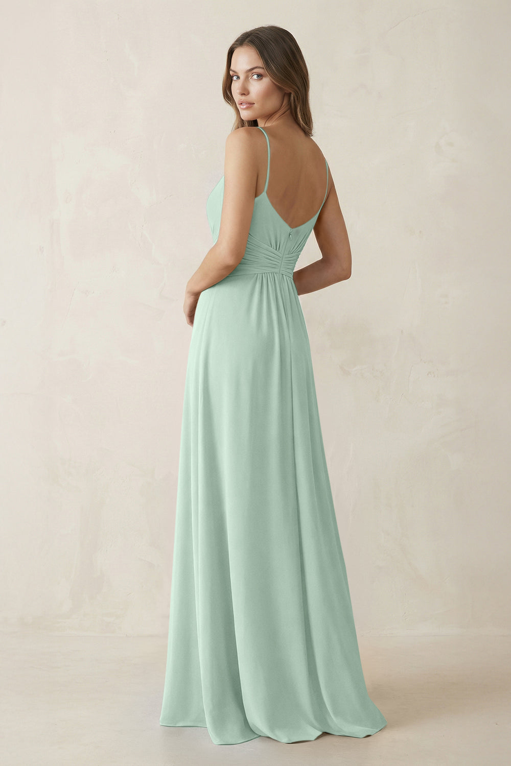 Spaghetti Strap Ruched Chiffon A-Line Bridesmaid Dress in Sage