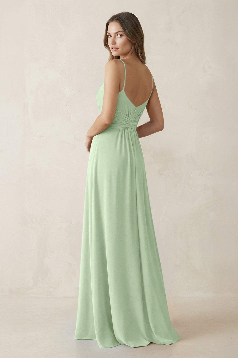 Spaghetti Strap Ruched Chiffon A - Line Bridesmaid Dress in Sage - KISS BRIDAL Bridesmaid Dresses