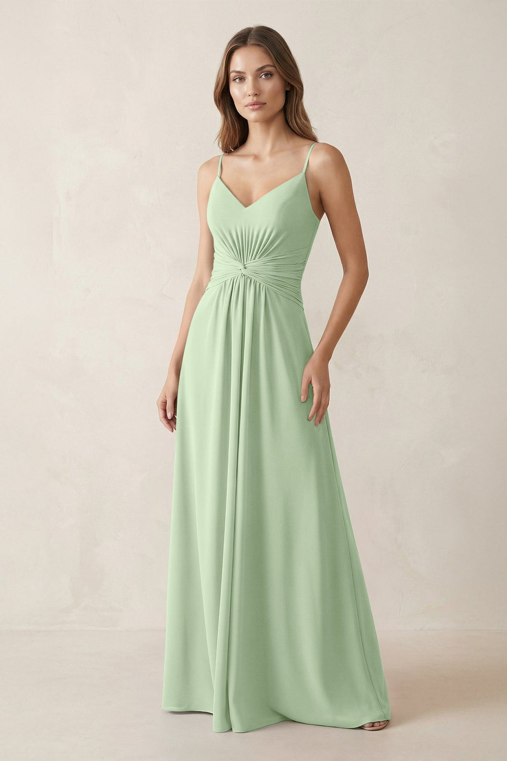 Spaghetti Strap Ruched Chiffon A - Line Bridesmaid Dress in Sage - KISS BRIDAL Bridesmaid Dresses