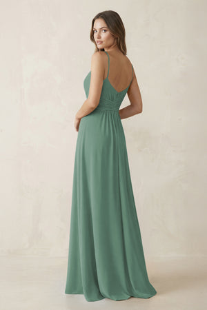 Spaghetti Strap Ruched Chiffon A-Line Bridesmaid Dress in Sea Glass (2) | KISSBRIDAL