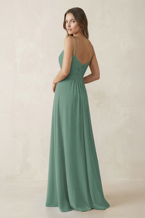 Spaghetti Strap Ruched Chiffon A-Line Bridesmaid Dress in Sea Glass (2) | KISSBRIDAL