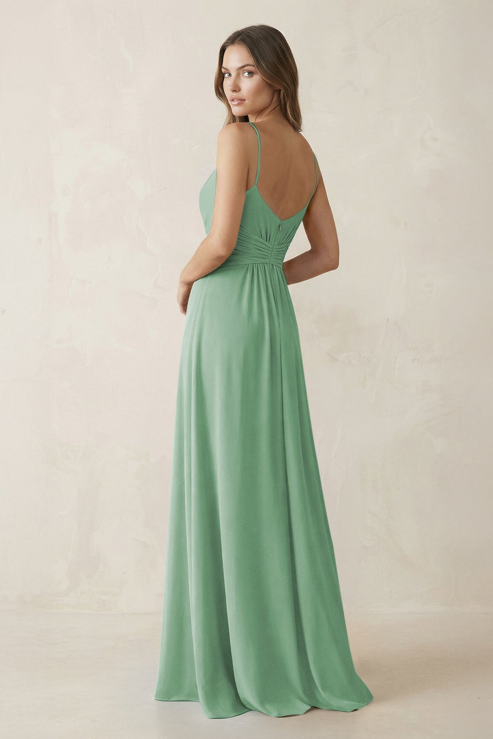 Spaghetti Strap Ruched Chiffon A - Line Bridesmaid Dress in Sea Glass - KISS BRIDAL Bridesmaid Dresses