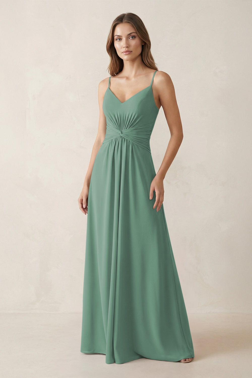Spaghetti Strap Ruched Chiffon A-Line Bridesmaid Dress in Sea Glass