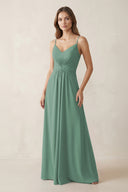 Spaghetti Strap Ruched Chiffon A-Line Bridesmaid Dress in Sea Glass | KISSBRIDAL