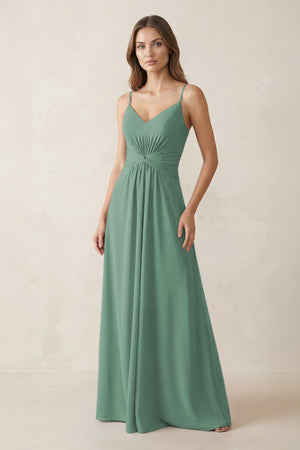 Spaghetti Strap Ruched Chiffon A-Line Bridesmaid Dress in Sea Glass | KISSBRIDAL