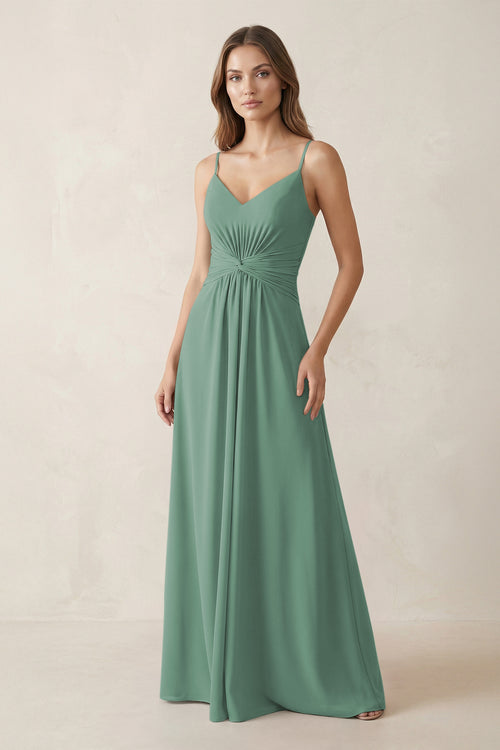 Spaghetti Strap Ruched Chiffon A-Line Bridesmaid Dress in Sea Glass | KISSBRIDAL