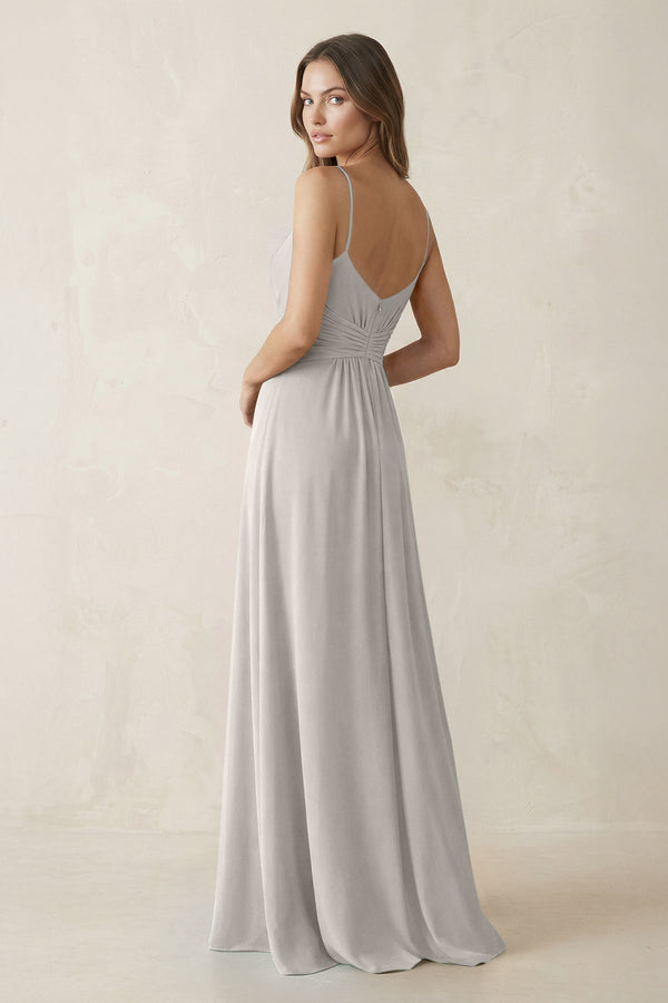Spaghetti Strap Ruched Chiffon A - Line Bridesmaid Dress in Silver - SHE IS ME Bridesmaid Dresses