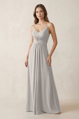 Spaghetti Strap Ruched Chiffon A - Line Bridesmaid Dress in Silver - KISS BRIDAL Bridesmaid Dresses