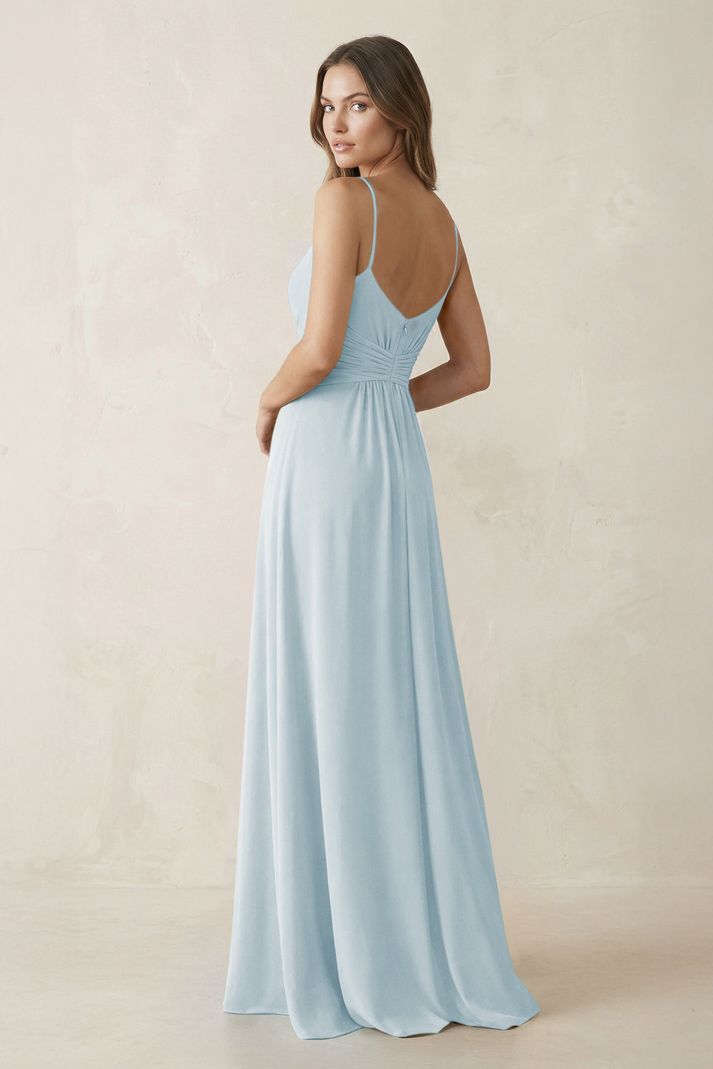 Spaghetti Strap Ruched Chiffon A-Line Bridesmaid Dress in Sky Blue