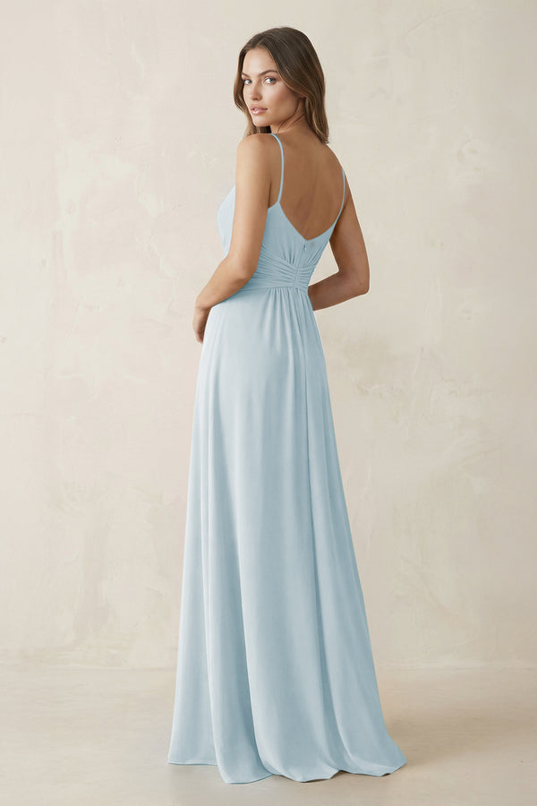 Spaghetti Strap Ruched Chiffon A-Line Bridesmaid Dress in Sky Blue (2) | KISSBRIDAL