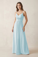 Spaghetti Strap Ruched Chiffon A - Line Bridesmaid Dress in Sky Blue - SHE IS ME Bridesmaid Dresses