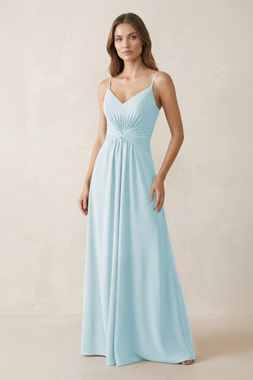 Spaghetti Strap Ruched Chiffon A - Line Bridesmaid Dress in Sky Blue - SHE IS ME Bridesmaid Dresses