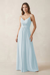Spaghetti Strap Ruched Chiffon A-Line Bridesmaid Dress in Sky Blue | KISSBRIDAL