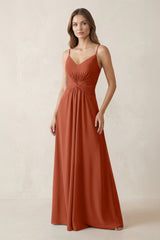 Spaghetti Strap Ruched Chiffon A - Line Bridesmaid Dress in Spice - KISS BRIDAL Bridesmaid Dresses