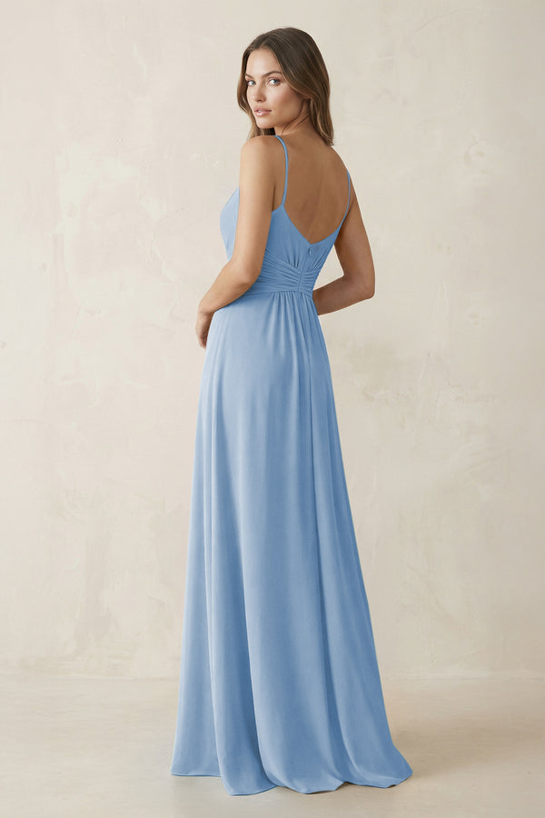 Spaghetti Strap Ruched Chiffon A-Line Bridesmaid Dress in Steel Blue (2) | KISSBRIDAL
