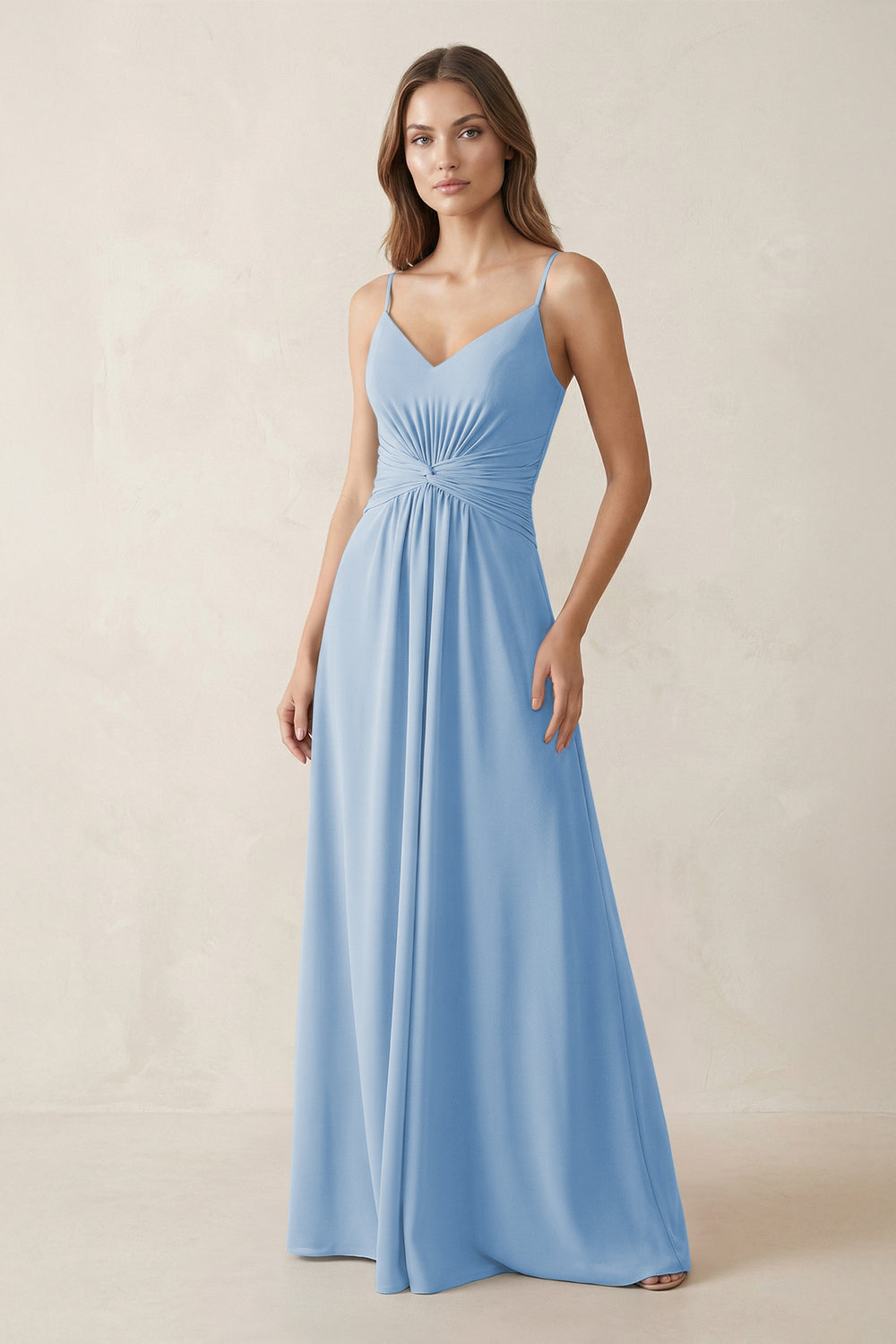 Spaghetti Strap Ruched Chiffon A-Line Bridesmaid Dress in Steel Blue