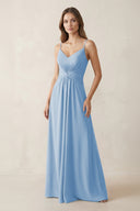 Spaghetti Strap Ruched Chiffon A-Line Bridesmaid Dress in Steel Blue | KISSBRIDAL