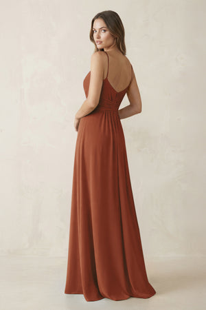 Spaghetti Strap Ruched Chiffon A-Line Bridesmaid Dress in Terracotta (2) | KISSBRIDAL