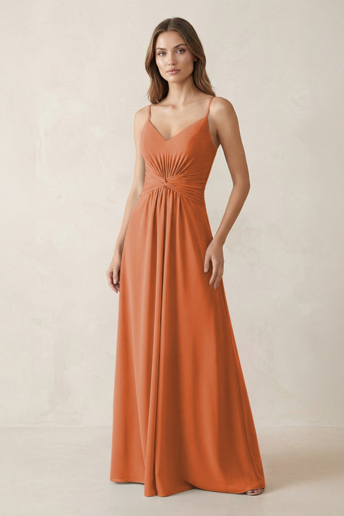 Spaghetti Strap Ruched Chiffon A - Line Bridesmaid Dress in Terracotta - SHE IS ME Bridesmaid Dresses