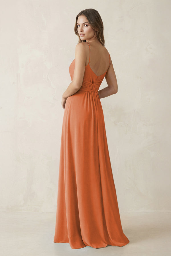 Spaghetti Strap Ruched Chiffon A - Line Bridesmaid Dress in Terracotta - SHE IS ME Bridesmaid Dresses