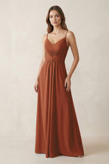 Spaghetti Strap Ruched Chiffon A-Line Bridesmaid Dress in Terracotta | KISSBRIDAL