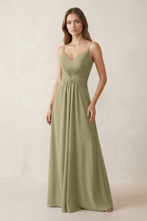 Spaghetti Strap Ruched Chiffon A - Line Bridesmaid Dress in Thyme - SHE IS ME Bridesmaid Dresses